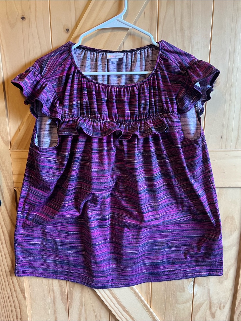 LuLaRoe Stasha Purple and Pink Striped Ruffle Sleeve Shirt Size XL Summer Beach